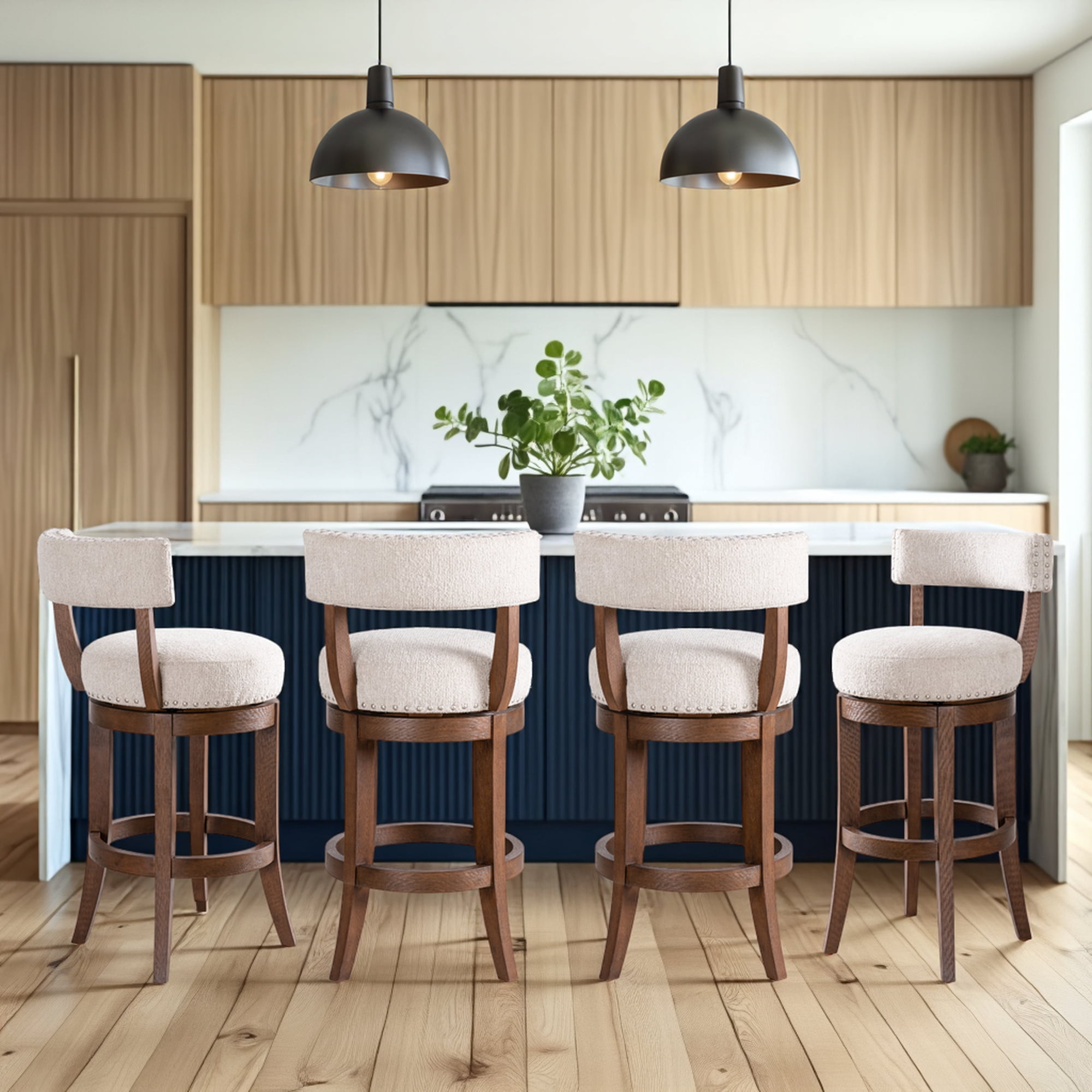 Mystic Brown Solid Wood Upholstered 26" Counter Height Swivel Barstool with Ancient Stone Fabric Seat - Set of 4