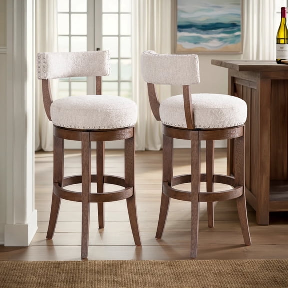 Mystic Brown Solid Wood Upholstered 30" Bar Height Swivel Barstool with Ancient Stone Fabric Seat - Set of 2