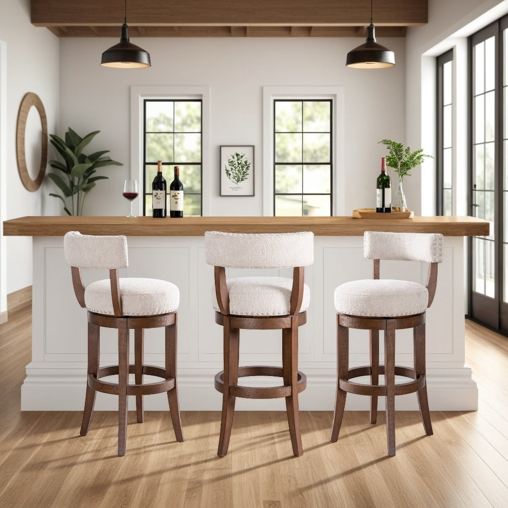 Mystic Brown Solid Wood Upholstered 30" Bar Height Swivel Barstool with Ancient Stone Fabric Seat - Set of 3