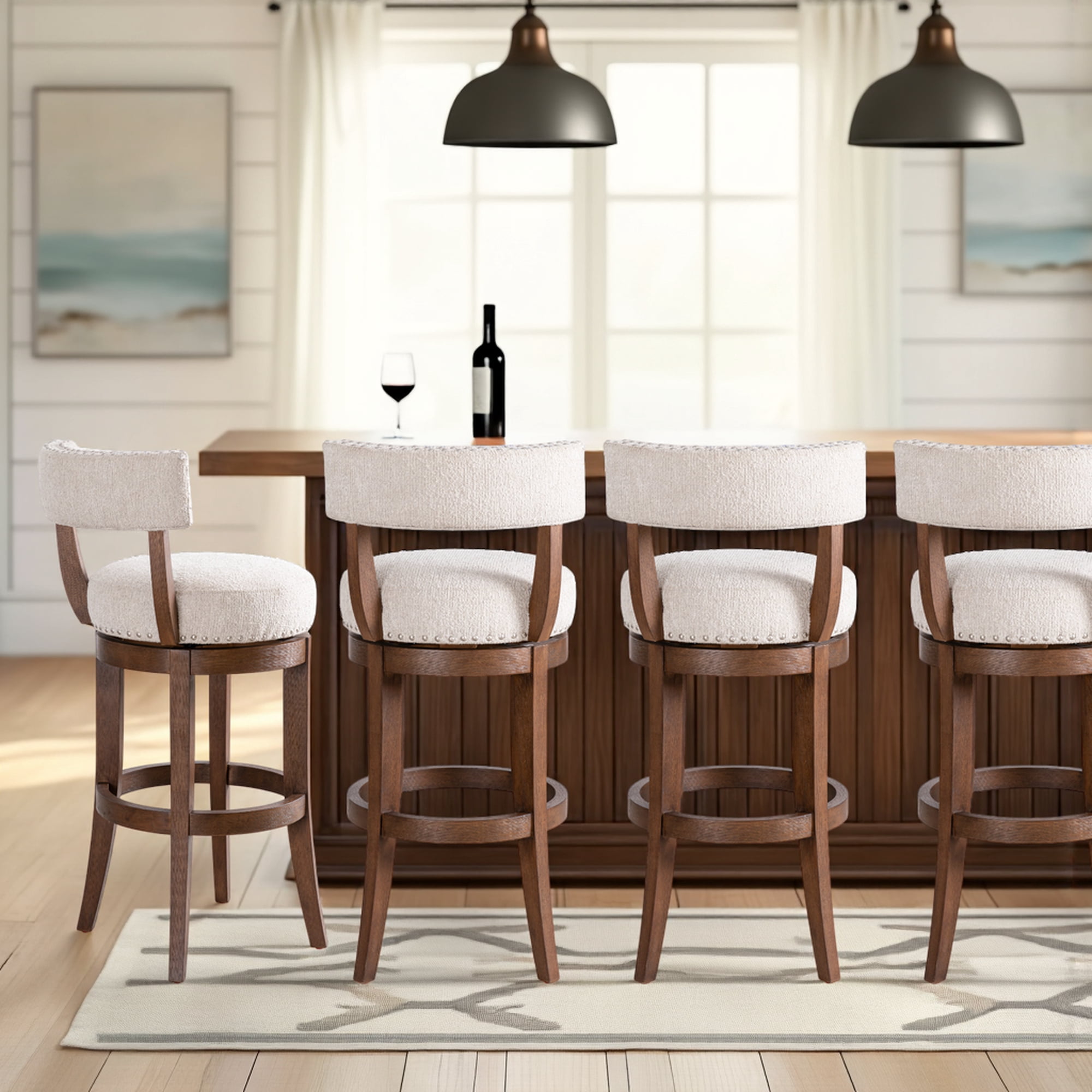 Mystic Brown Solid Wood Upholstered 30" Bar Height Swivel Barstool with Ancient Stone Fabric Seat - Set of 4