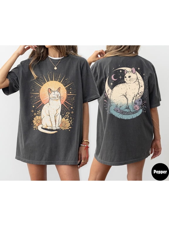 Mystic Cat Sun Moon T-Shirt, Celestial Front Back Graphic Tee, Cat Lover Gift