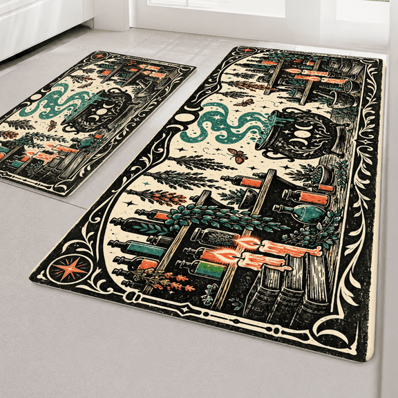 Mystic Cauldron Kitchen Rug Set of 2, Vintage Gothic Witchy Style, Beige with Black Trim, 16in x 24in + 18in x 48in