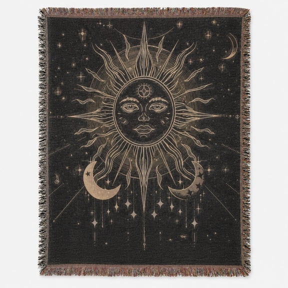 Mystic Celestial Sun and Moon Black Gold Woven Throw Blanket, 100% Cotton, Bohemian Wall and Sofa Decor