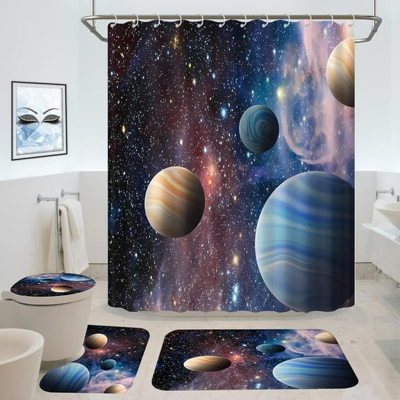 Mystic Cosmic Planet Shower Curtain Set, 4PCS Boys Bathroom Decor with Shower Curtain Bath Mat,Toilet Lid Cover and U Shaped Rugs,72"x72" Polyester Fabric Bathtub Curtain with Hooks SETMYTE22