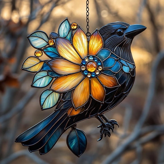 Mystic Crow Acrylic Window Hanging Suncatcher, Faux Stained Glass Raven Perched In Autumn Leaves With Amber Jewels, Gothic Home Decor