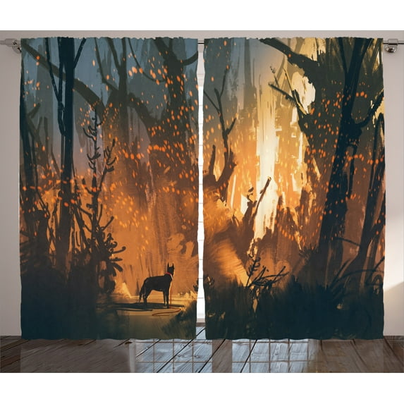 Ambesonne Occult Curtains 2 Panel Set, Lost Dog in Forest Art, 108" x 84", Orange Brown
