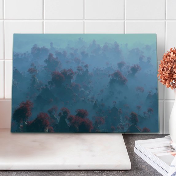 Mystic Cutting Board, Aerial of Mystic Mountain Landscape with Autumn Trees in the Mist Wilderness Image, Decorative Tempered Glass Cutting and Serving Board, Large Size, Grey Orange, by Ambesonne