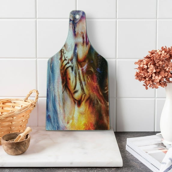 Mystic Cutting Board, Mighty Tiger and Lion Head with Woman Face on Ornamental Background Art, Decorative Tempered Glass Cutting and Serving Board, Wine Bottle Shape, Yellow Brown Blue, by Ambesonne