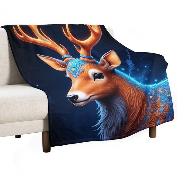 Mystic Deer with Blue Patterns Blanket Soft Cozy Flannel Blanket for man women