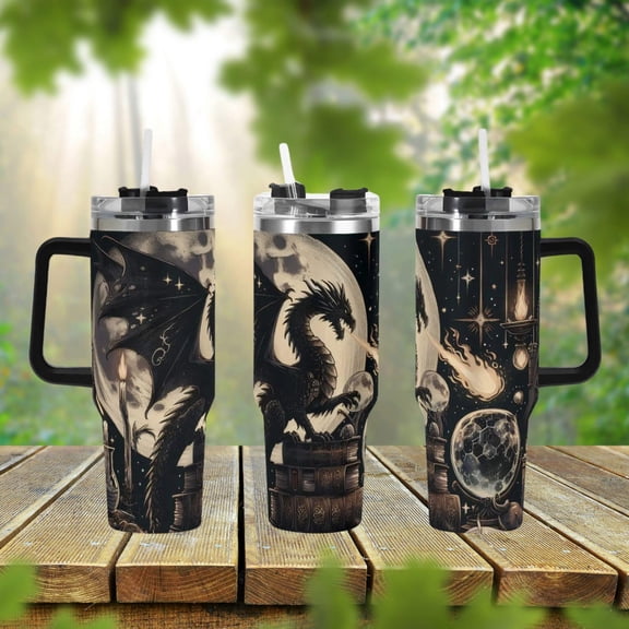 Mystic Dragon 40oz Stainless Steel Tumbler, Gothic Dragon Book Lover Drink Cup, Large Coffee Travel Mug, Dark Goth Aesthetic Tumbler Gift