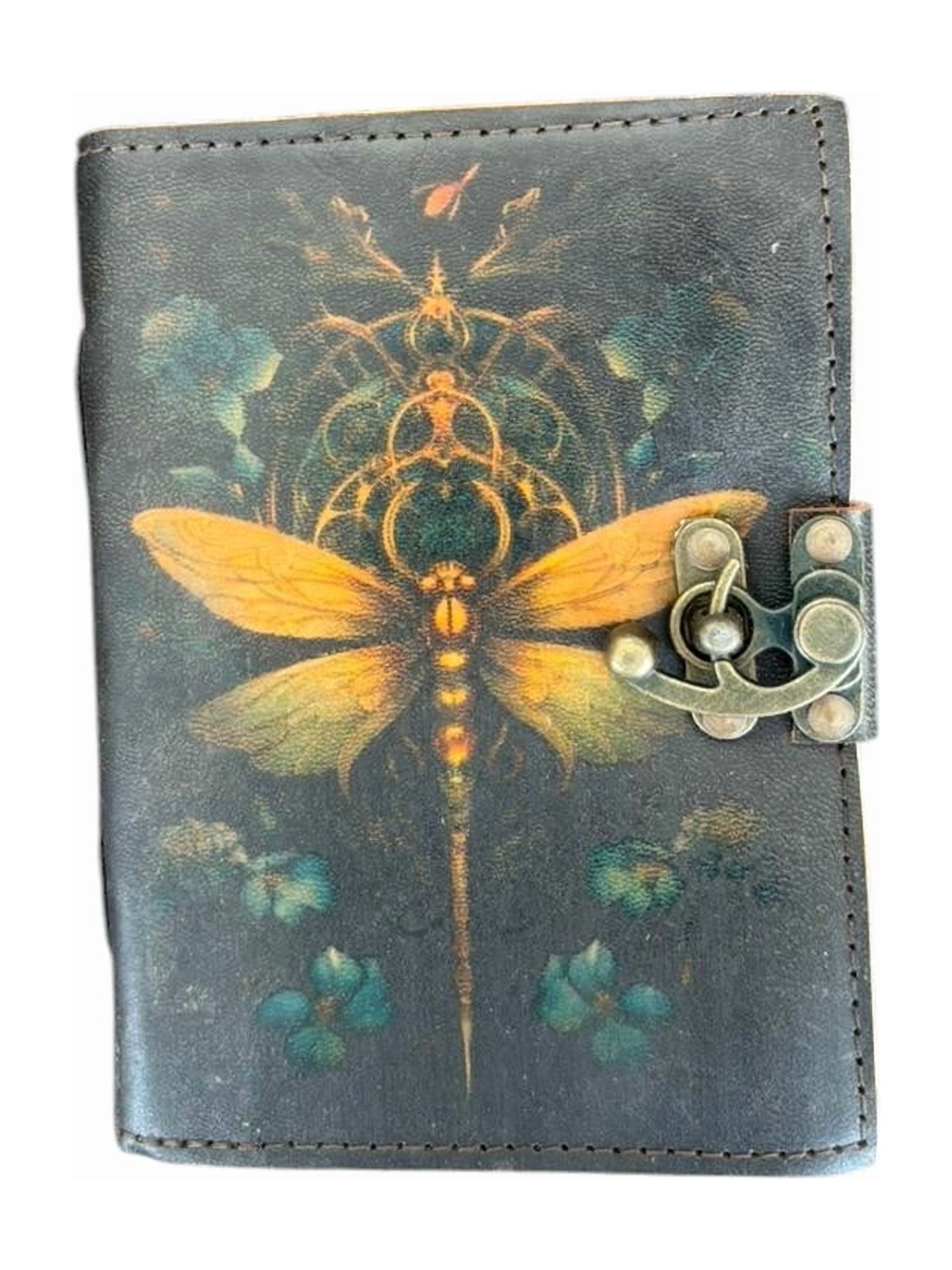 Mystic Dragonfly Handmade Leather Journal – 200 Deckle Pages | 5x7 Vintage Diary with Clasp