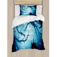 thumbnail image 1 of Mystic Duvet Cover Set, Animal with Burning Eyes in the Dark Forest at Night Horror Halloween Illustration, Decorative 2 Piece Bedding Set with 1 Pillow Shams, Twin Size, Navy White, by Ambesonne, 1 of 3