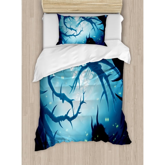 Mystic Duvet Cover Set, Animal with Burning Eyes in the Dark Forest at Night Horror Halloween Illustration, Decorative 2 Piece Bedding Set with 1 Pillow Shams, Twin Size, Navy White, by Ambesonne