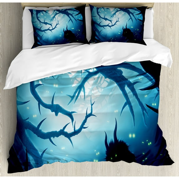 Mystic Duvet Cover Set, Animal with Burning Eyes in the Dark Forest at Night Horror Halloween Illustration, Decorative 3 Piece Bedding Set with 2 Pillow Shams, King Size, Navy White, by Ambesonne
