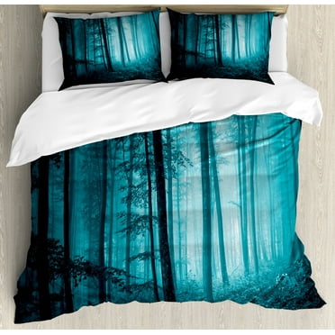 Mystic Duvet Cover Set, Magic Foggy Dark Forest Foliage Landscape Countryside Monochromic Art Print, Decorative 3 Piece Bedding Set with 2 Pillow Shams, Calking Size, Teal, by Ambesonne