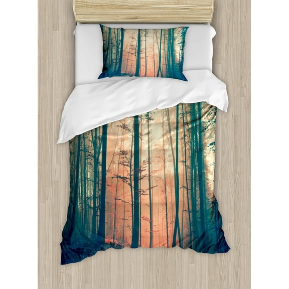 Mystic Duvet Cover Set, Pale and Vintage Color in Mysterious Autumn Forest Woodland Nature Picture, Decorative 2 Piece Bedding Set with 1 Pillow Shams, Twin Size, Coral Dark Green, by Ambesonne