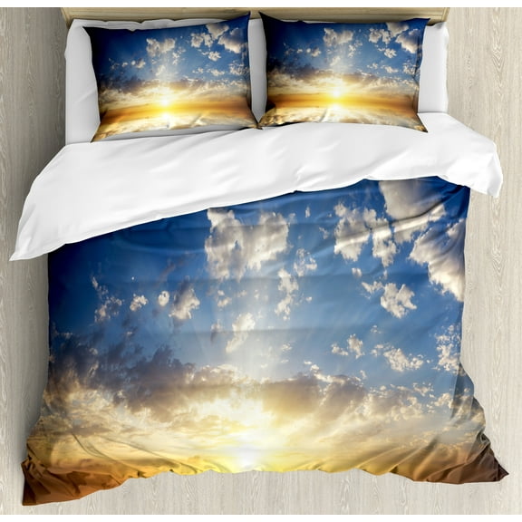 Mystic Duvet Cover Set, Sunset Reflection on the Sea View Sun Rays Vivid in Horizon Image, Decorative 3 Piece Bedding Set with 2 Pillow Shams, Queen Size, Yellow Brown Blue, by Ambesonne