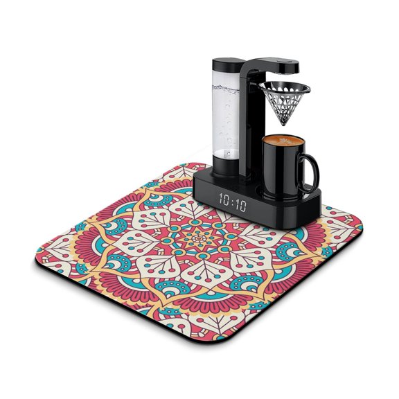 Mystic Ethnic Mandala Dish Drying Mat, Boho Chic Mandala Absorbent Coffee Bar Mat, Paisley Floral Kitchen Counter Protector