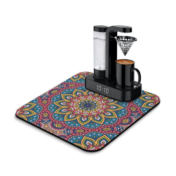Mystic Ethnic Mandala Dish Drying Mat, Boho Chic Mandala Absorbent Coffee Bar Mat, Paisley Floral Kitchen Counter Protector
