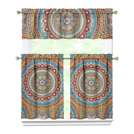 Mystic Ethnic Mandala Kitchen Curtains - 3 Piece Set with Valance and Tier Panels for Standard Windows