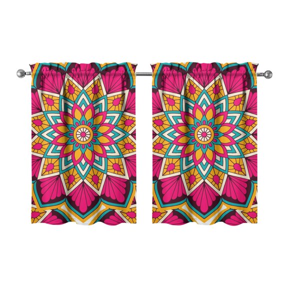 Mystic Ethnic Mandala Kitchen Curtains Set of 2 - 27.5x36 Inch Paisley Floral Folk Style, Semi-Sheer Tier Panels