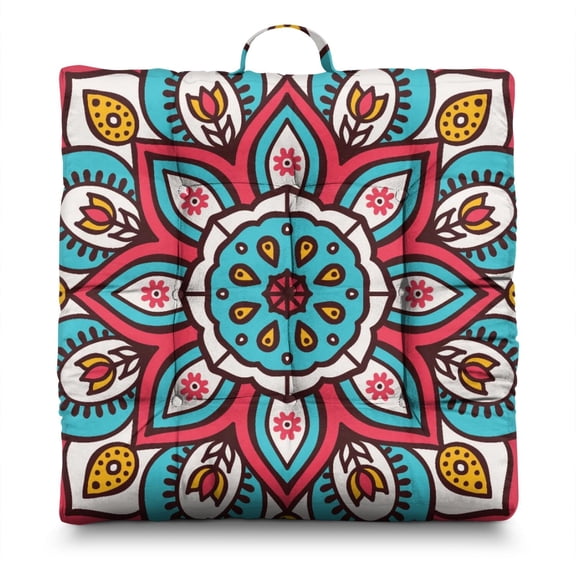 Mystic Ethnic Mandala Tatami Mat Thick Square Seat Pad with Boho Tribal Patterns, Perfect for Yoga, Office or Minimalist Home Decor