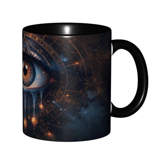 Mystic Eye Astrology 11oz Ceramic Coffee Mug, Gothic Celestial Galaxy Tea Cup with Inner Black and Black Handle