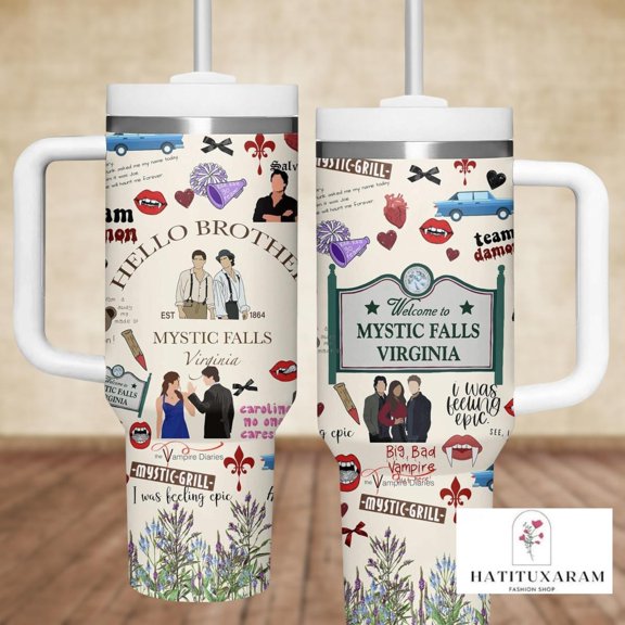 Mystic Falls Virginia Tumbler with Handle, Stainless Tumbler Vampire Diaries Inspired Travel Cup, Hello Brother Damon Stefan Design