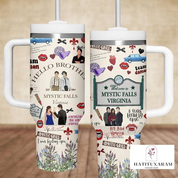 Mystic Falls Virginia Tumbler with Handle, Stainless Tumbler Vampire Diaries Inspired Travel Cup, Hello Brother Damon Stefan Design