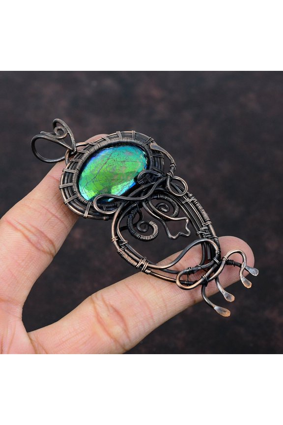 Mystic Fire Labradorite Copper Gift For Friend Wire Wrapped Pendant 3.74"