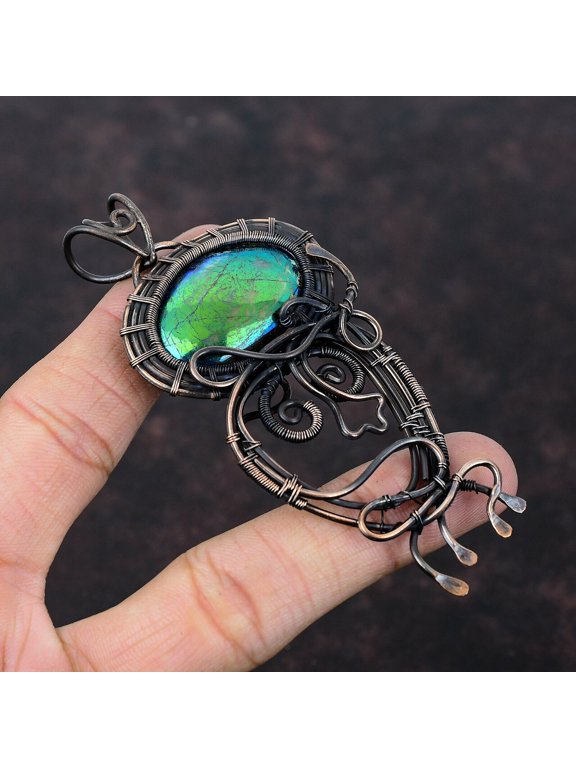 Mystic Fire Labradorite Copper Gift For Friend Wire Wrapped Pendant 3.74"