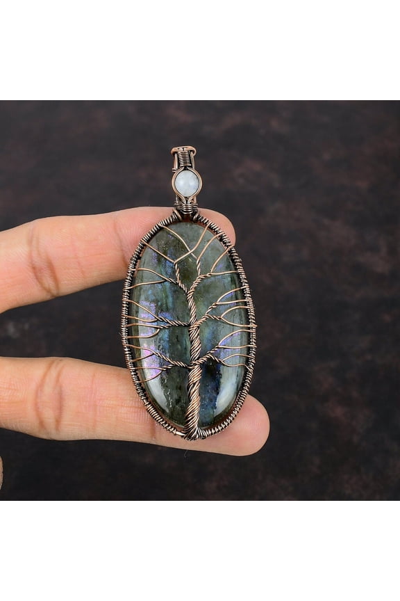Mystic Fire Labradorite Copper Mom Gift Wire Wrapped Tree Of Life Pendant 3.15"