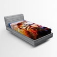 thumbnail image 1 of Mystic Fitted Sheet, Mighty Tiger and Lion Head with Woman Face on Ornamental Background Artwork, Soft Decorative Fabric Bedding, Twin XL Size, Yellow Brown Blue, by Ambesonne, 1 of 2