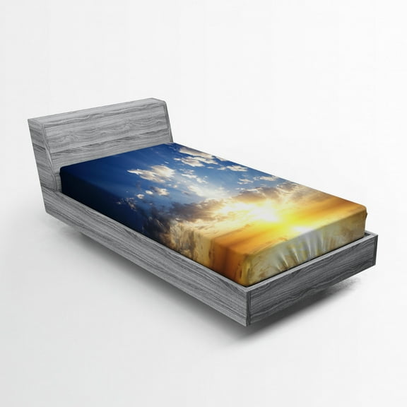 Mystic Fitted Sheet, Sunset Reflection on the Sea View with Sun Rays Vivid in the Horizon Image, Soft Decorative Fabric Bedding, Twin XL Size, Yellow Brown Blue, by Ambesonne