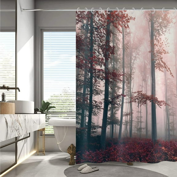 Mystic Forest Shower Curtain Woodland Under Heavy Fog Tall Trees Red Leaves Bathroom Curtain Waterproof Fabric Cloth Machine Washable Durable Bath Curtain 72"x72"
