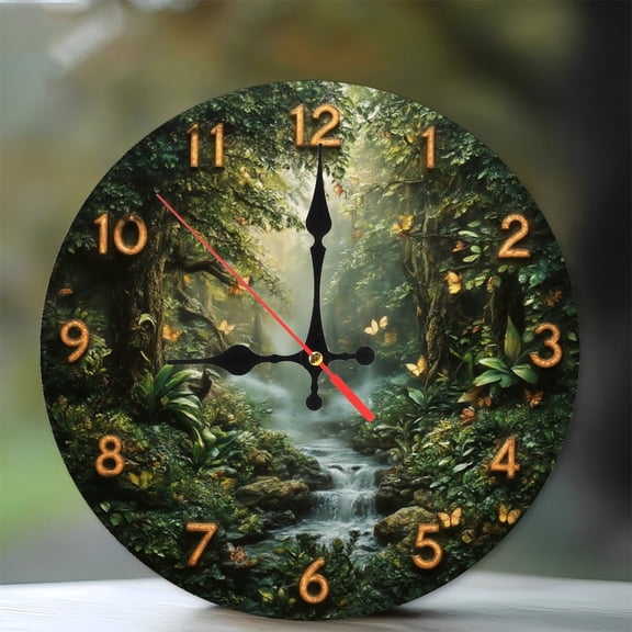 Mystic Forest Waterfall Clock Enchanting Nature Wall Clock 10-Inch Silent Wooden Wall Clock, Battery Operated (AA Batteries Not Included), Artistic Home Decor