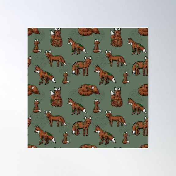 Mystic Fox Pattern Poster Wall Art, Modern Wall Decor For Living Room Bedroom, 17x17 UNFRAMED