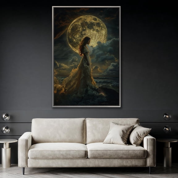 Mystic Full Moon Art Woman Seascape Print Modern Wall Decor For Living Room Bedroom Poster, Stretched Canvas Size 12x18