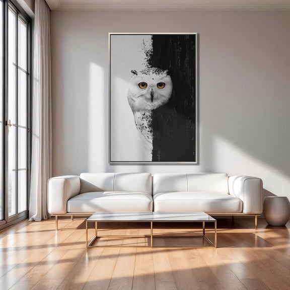 Mystic Gaze Snowy Owl Wall Art Abstract Bird Of Prey Poster Black And White Decor Sharp Beak And Spotted Plumage Poster Ready To Hang, Stretched Canvas Size 8x12