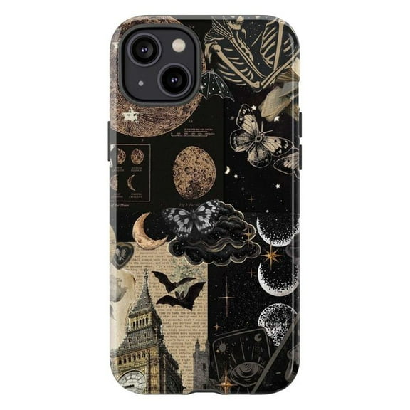 Mystic Gothic Phone Case – Vintage Celestial Moon & Skeleton Collage Aesthetic, Protective Cover for iPhone 16 15 14 13 12 11 Pro Max Plus Mini