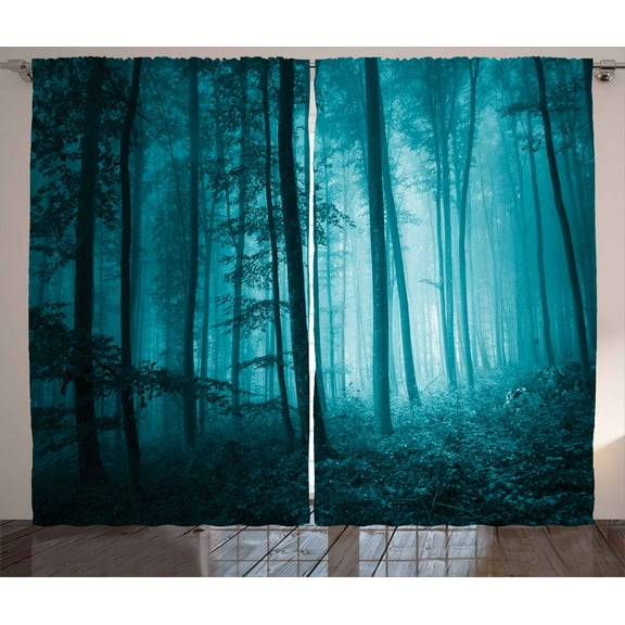 Ambesonne Teal Curtains 2 Panel Set, Foggy Dark Country Forest, 108" x 90", Teal