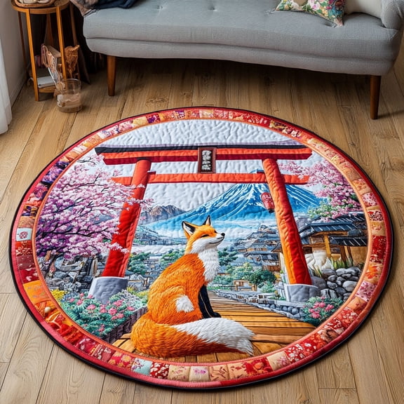 Mystic Kitsune Quilted Round Mat, 3D Optical Illusion Fox Rug, Mystic Kitsune Floor Mat, Japanese Fantasy Decor, Indoor Outdoor Area Rug