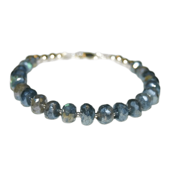 Mystic Labradorite 6mm Rondelle Shape Faceted Cut Beads 7 inch Silver Plated Clasp Bracelet for men, women, unisex. Link Chain Stacking Bracelet.|LINK_05121