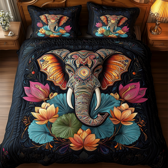 Mystic Lotus Elephant Quilted Bedding Set , 3-Piece Bedding Set