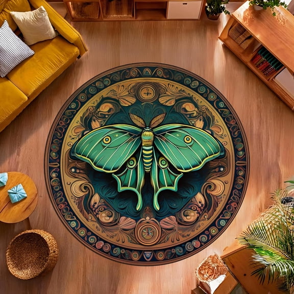 Mystic Luna Moth Floral Round Rug, boho celestial insect circle carpet for living room or yoga space, soft washable non-slip floor mat, witchy cottagecore home décor style