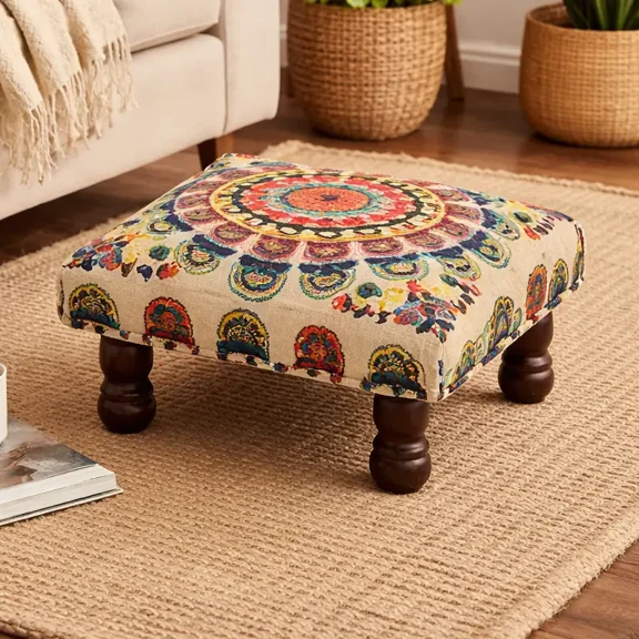 Mystic Mandala Foot Stool Beige Cotton Fabric