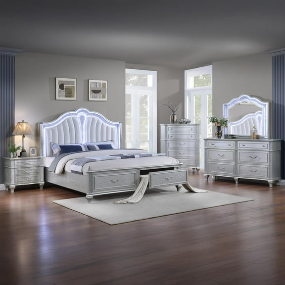 Mystic Modern Style LED Queen 5PC Bedroom Set Made With Wood in Silver