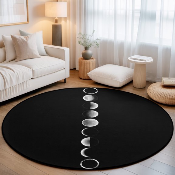 Mystic Moon 8' Round Rugs for Open Concept Living Room Seating Zone, Black Night Midnight Minimalist Full Moon Washable Non Slip Mats Large Circle Lounge Area Area Rug