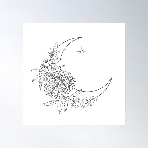 Mystic Moon And Flowers Poster Wall Art, Modern Wall Decor For Living Room Bedroom, 30x30 UNFRAMED
