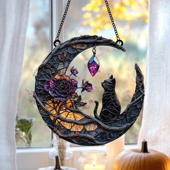 Mystic Moon Cat Acrylic Suncatcher – Faux Stained Glass Enchanted Crescent With Purple Roses, Hanging Crystal And Gothic Boho Window Decor 4346741208